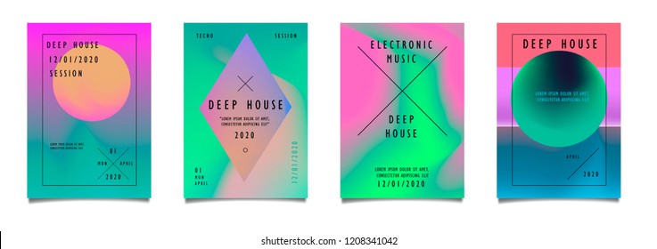 Trendy Vector Fluid Holographic Gradient, A4 Poster Set. Modern Abstract Geometric Backgrounds for Brochure, Party Placard, Invitation Card, Music Festival, Night Club. Vaporwave syle. 