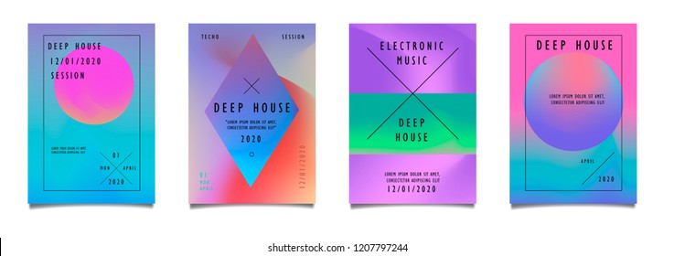 Trendy Vector Fluid Neon Holographic Gradient, A4 Synthwave Poster Set. Modern Abstract Backgrounds for Brochure, Advertising, Placard, Invitation Card, Electronic Music Festival, Night Club Party.