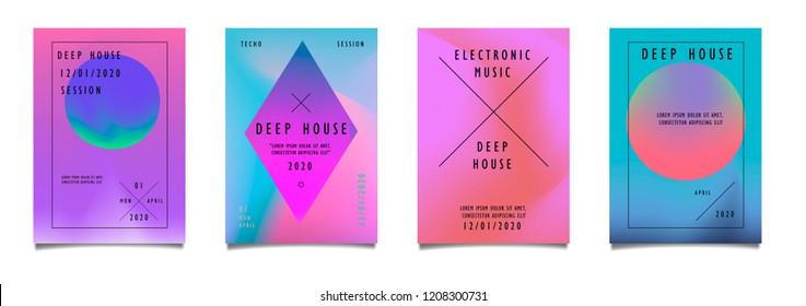 Trendy Vector Fluid Neon Holographic Gradient, A4 Synthwave Poster Set. Modern Abstract Backgrounds for Brochure, Advertising, Placard, Invitation Card, Electronic Music Festival, Night Club Party.