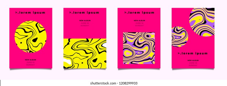 Trendy Vector Fluid Psychedelic Pattern, A4 Hippie Poster Set. Modern Pink and Yellow Backgrounds for Brochure, Advertising, Party Placard, Invitation Card, Music Festival, Night Club.