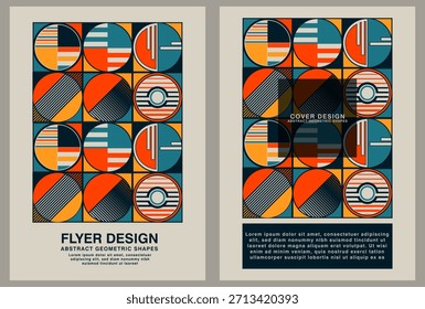 Trendy vector flyer or cover design template with abstract geometric shapes inspired by the Bauhaus movement. Perfect for posters, brochures, and corporate branding.