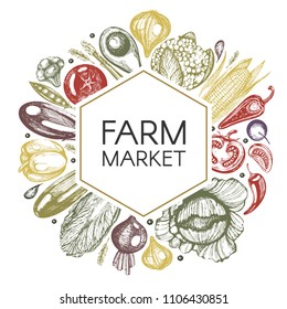 Trendy vector frame with color sketch vegetables