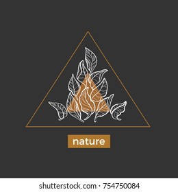 Trendy vector frame for design template. Line art floral decor with realistic white tea leaves on black background. Nature style symbol, logo in triangle. Organic food. Set natural motifs. Eps.10