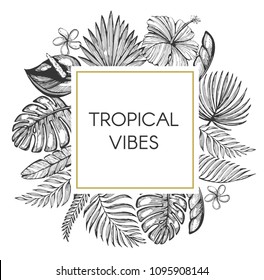 Trendy vector frame with hand drawn tropical leaves