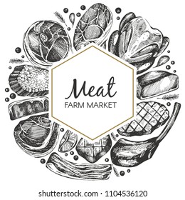 Trendy vector frame with hand drawn meat. Farm market.