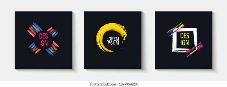 Trendy Vector frame with text Design. Dynamic paint brush on black background. Elements for design business cards, invitations, gift cards, flyers and brochures