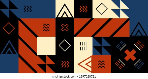 Trendy vector geometric illustration. Background or pattern painted in cubic forms and decorated with lines and different colors. Simple shapes, retro wave, deep black, and red colors.