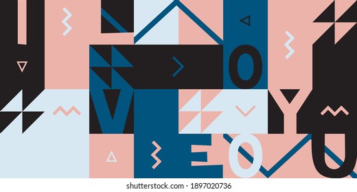Trendy vector geometric illustration. Background or pattern painted in cubic forms and decorated with lines and different colors. Love wave, light pink, desaturated blue and black colors.