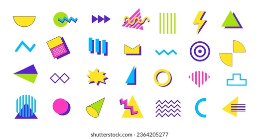 Trendy vector geometric shapes 80s 90s set. Memphis design retro elements collection. 
Retro funky illustrations pack