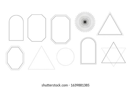 Trendy vector geometric shapes in linear style. Black triangle, circle, 
rhombus, polygon. Line and dotted. Perfect logo for your brand, packaging, cosmetic, jewelry, shops, magazine