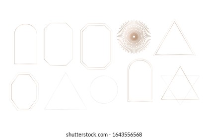 Trendy vector geometric shapes in linear style. Gold triangle, circle, 
rhombus, polygon. Line and dotted. Perfect logo for your brand, packaging, cosmetic, jewelry, shops, magazine