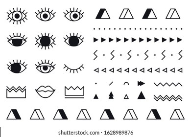 Trendy vector geometric shapes set in 80s style. Memphis graphic elements on white background for banner, poster or flyer. Set includes triangle, eyes, lips, crown, border in line design.