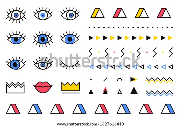 Trendy vector geometric shapes set in 80s style.\
Memphis graphic elements on white background for banner, poster or\
flyer. Set includes triangle, eyes, lips, crown, border in line\
design.