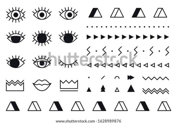 Trendy vector geometric shapes set in 80s style.\
Memphis graphic elements on white background for banner, poster or\
flyer. Set includes triangle, eyes, lips, crown, border in line\
design.