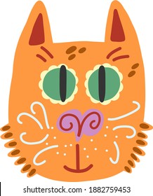 Trendy vector ginger cat. Hand drawn magic kitty flat style. Doodle scandinavian design of unusual cat face. Mysterious cat for stiker, print, clip art, web. Magical east pussy concept. Asian kitten
