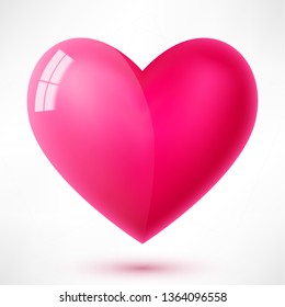 Trendy vector glossy heart with reflection and shadow isolated on white background. For web site, greeting card and Valentine's day