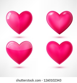 Trendy vector glossy hearts with shadows isolated on white background. For web site, greeting card and Valentine's day