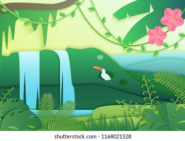 Trendy vector gradient color paper cuted style forest. Concept of tropical rain forest jungle with birds and waterfall.