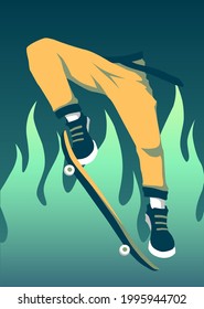 Trendy vector graphics illustration for a postcard, cover or a poster. Jumping skater on the background of fire.