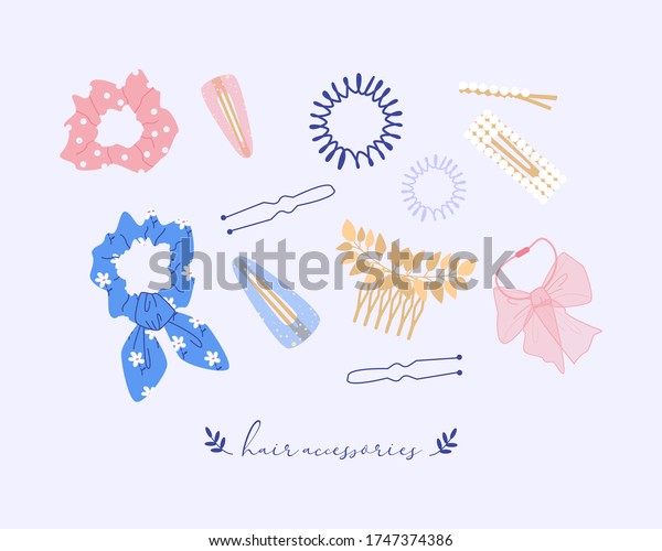 Trendy\
vector hair accessories. Beauty fashion set of hairgrip or\
hairdressing accessories isolated on white background. Elastic\
bands and hair clips, hairpins, bows,\
ribbons.