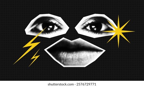 A trendy vector halftone collage illustration with eyes, mouth, star and bolts