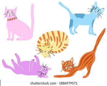 Trendy vector hand drawn set of colorful cats. Bright kitty collection for web, print, cover, stationary. Doodle scandinavian illustration of  bright pussycats. Flat style pink, blue, ginger kittens.