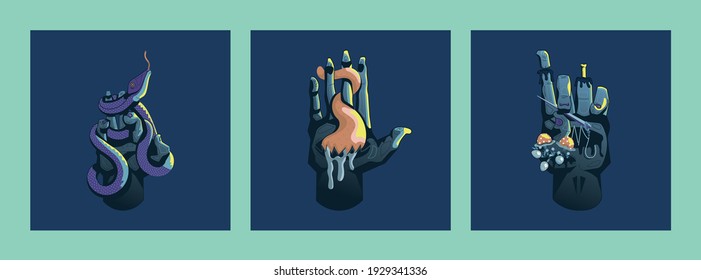 Trendy vector hand image with snake, tongue, mushroom. Print, hand tattoos . Modern fashion illustration for your projects. The theme is isolated.