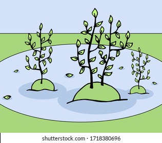 trendy vector handmade picture 
green tree growing out of hillock. Earth Day.