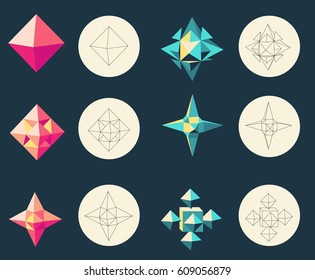 Trendy vector hipster posters. Complex geometric shapes. Abstract geometric background. A series of papers. Wire frame mesh polygonal element. Vector illustration. Platonic solids on dark background