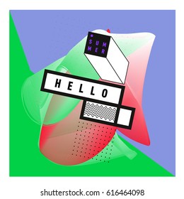 Trendy vector holiday summer cards illustration with line elements and abstract colorful textures. Design for poster, card, invitation, brochure, and promotion template.