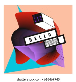 Trendy vector holiday summer cards illustration with line elements and abstract colorful textures. Design for poster, card, invitation, brochure, and promotion template.