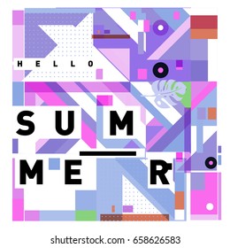 Trendy vector holiday summer cards illustration with line elements and abstract colorful textures. Design for poster, card, invitation, brochure, and promotion template.