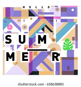 Trendy vector holiday summer cards illustration with line elements and abstract colorful textures. Design for poster, card, invitation, brochure, and promotion template.