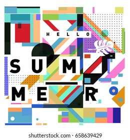 Trendy vector holiday summer cards illustration with line elements and abstract colorful textures. Design for poster, card, invitation, brochure, and promotion template.