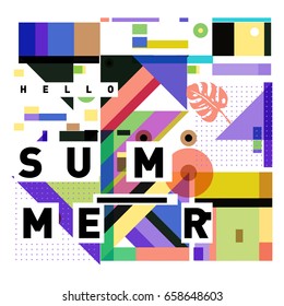 Trendy vector holiday summer cards illustration with line elements and abstract colorful textures. Design for poster, card, invitation, brochure, and promotion template.