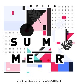 Trendy vector holiday summer cards illustration with line elements and abstract colorful textures. Design for poster, card, invitation, brochure, and promotion template.