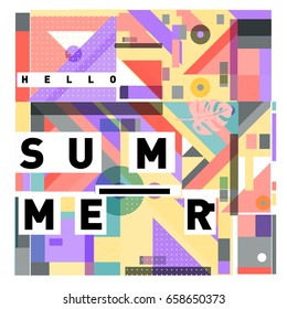 Trendy vector holiday summer cards illustration with line elements and abstract colorful textures. Design for poster, card, invitation, brochure, and promotion template.