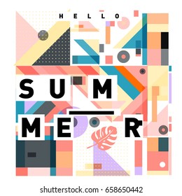 Trendy vector holiday summer cards illustration with line elements and abstract colorful textures. Design for poster, card, invitation, brochure, and promotion template.