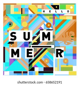 Trendy vector holiday summer cards illustration with line elements and abstract colorful textures. Design for poster, card, invitation, brochure, and promotion template.
