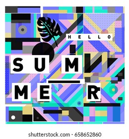 Trendy vector holiday summer cards illustration with line elements and abstract colorful textures. Design for poster, card, invitation, brochure, and promotion template.