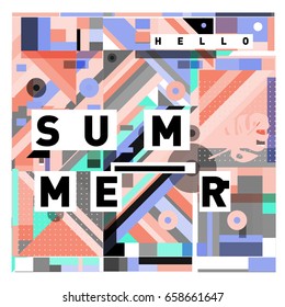 Trendy vector holiday summer cards illustration with line elements and abstract colorful textures. Design for poster, card, invitation, brochure, and promotion template.