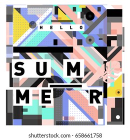 Trendy vector holiday summer cards illustration with line elements and abstract colorful textures. Design for poster, card, invitation, brochure, and promotion template.