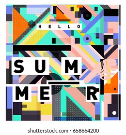 Trendy vector holiday summer cards illustration with line elements and abstract colorful textures. Design for poster, card, invitation, brochure, and promotion template.