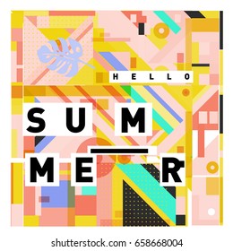 Trendy vector holiday summer cards illustration with line elements and abstract colorful textures. Design for poster, card, invitation, brochure, and promotion template.