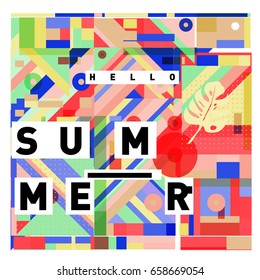 Trendy vector holiday summer cards illustration with line elements and abstract colorful textures. Design for poster, card, invitation, brochure, and promotion template.