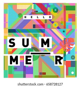 Trendy vector holiday summer cards illustration with line elements and abstract colorful textures. Design for poster, card, invitation, brochure, and promotion template.