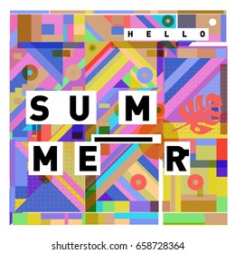Trendy vector holiday summer cards illustration with line elements and abstract colorful textures. Design for poster, card, invitation, brochure, and promotion template.