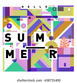 Trendy vector holiday summer cards illustration with line elements and abstract colorful textures. Design for poster, card, invitation, brochure, and promotion template.