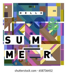 Trendy vector holiday summer cards illustration with line elements and abstract colorful textures. Design for poster, card, invitation, brochure, and promotion template.