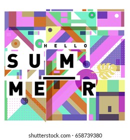 Trendy vector holiday summer cards illustration with line elements and abstract colorful textures. Design for poster, card, invitation, brochure, and promotion template.